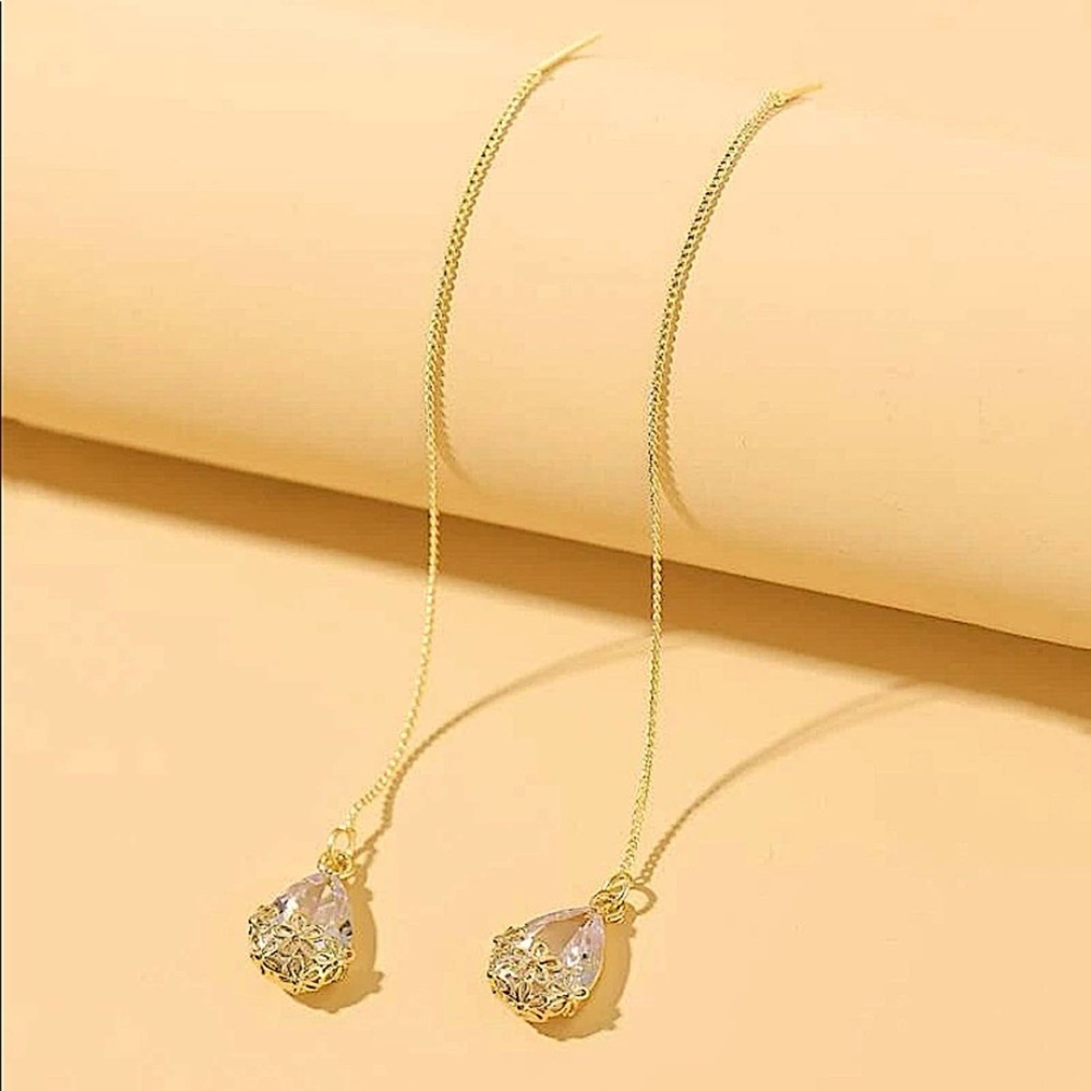 Gold Rhinestone Water Drop Threader Earrings